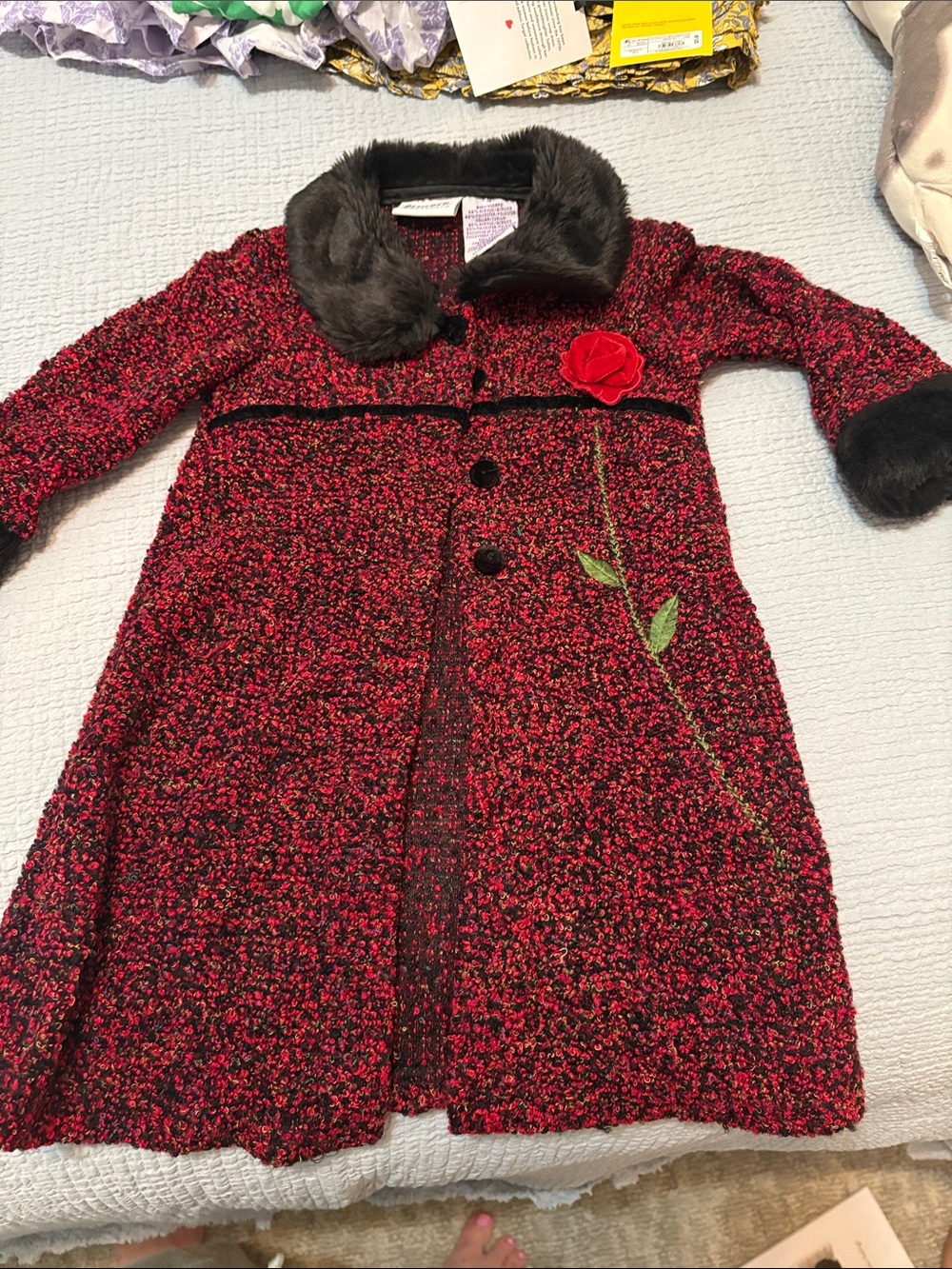 Blueberi Boulevard Red Bouclé Pea Coat with Faux Fur Trim and Rose Appliqué